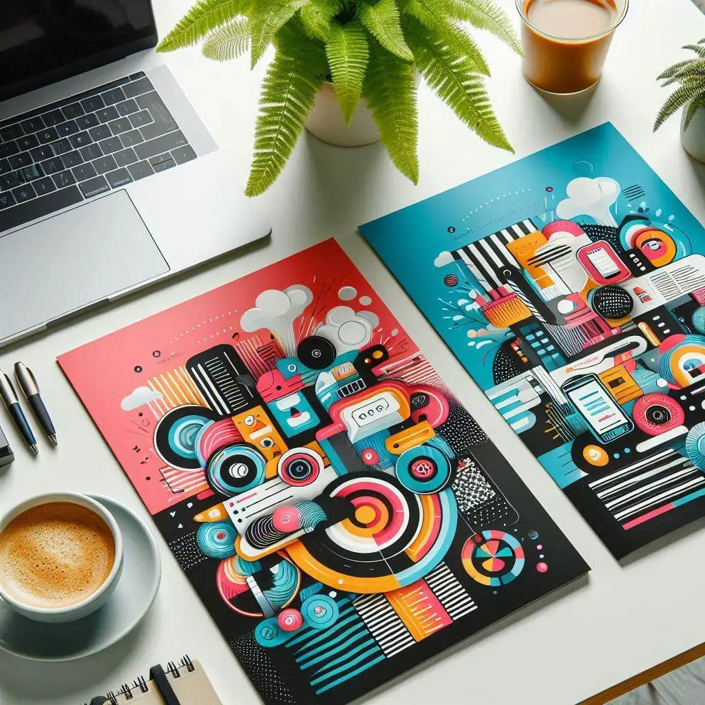 Estetyczne kolorowe ulotki na białym biruku